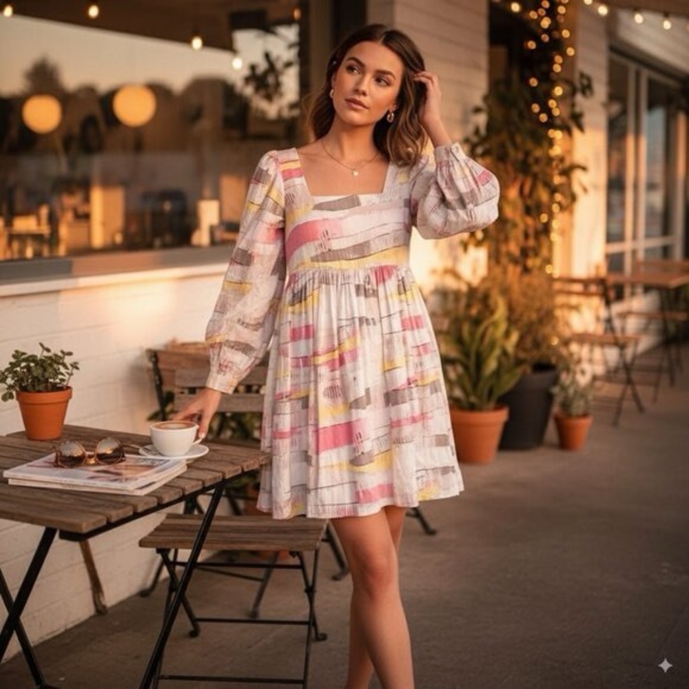 Moon Rover Pastel Abstract Square-Neck Mini Dress